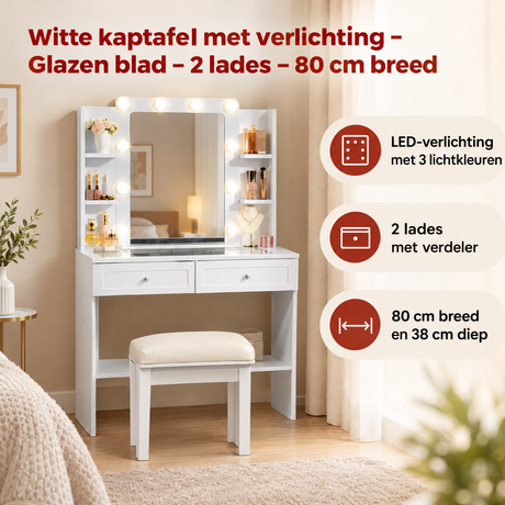 Praktische toepassing en keuzehulp voor witte kaptafel met verlichting