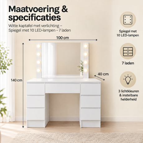 Afmetingen en productspecificaties van witte kaptafel met verlichting