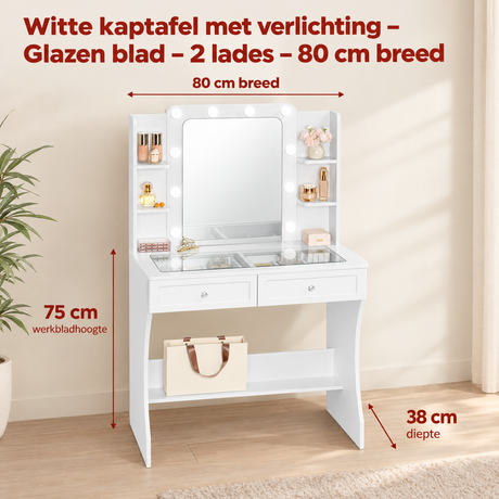 Afmetingen en productspecificaties van witte kaptafel met verlichting
