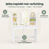 Overzicht van witte kaptafel met verlichting met de belangrijkste productvoordelen