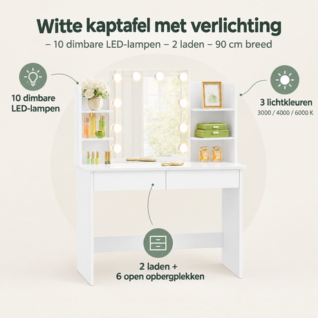 Overzicht van witte kaptafel met verlichting met de belangrijkste productvoordelen