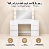 Overzicht van witte kaptafel met verlichting met de belangrijkste productvoordelen