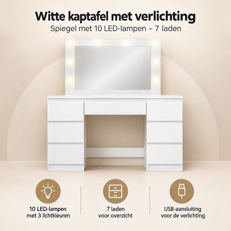 Overzicht van witte kaptafel met verlichting met de belangrijkste productvoordelen