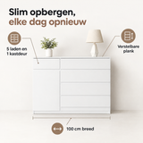 Witte BukkitBow ladekast met 5 laden, 1 deur en verstelbare plank, 100 cm breed, modern en functioneel meubelstuk