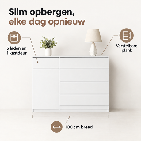 Witte BukkitBow ladekast met 5 laden, 1 deur en verstelbare plank, 100 cm breed, modern en functioneel meubelstuk