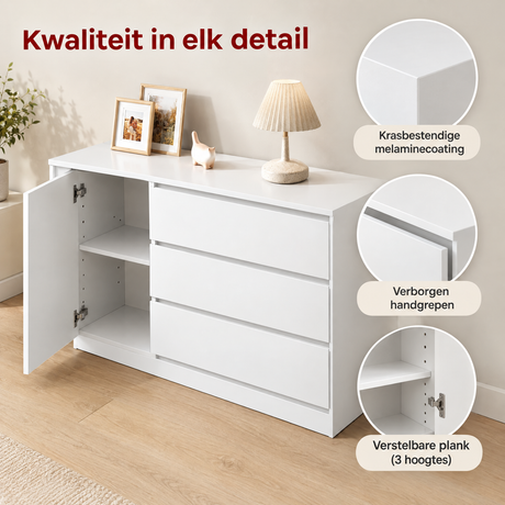 Witte BukkitBow ladekast met 5 laden, 1 deur en verstelbare plank, 100 cm breed, zichtbaar detail van het materiaal.