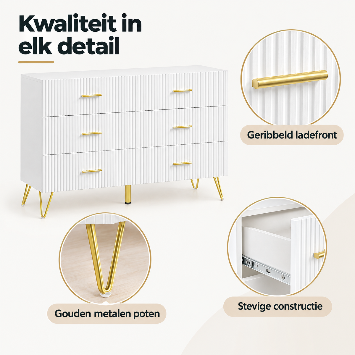 Witte BukkitBow ladekast met 6 laden en goudkleurige details, breedte 100 cm, close-up van de lade en materialen