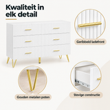 Witte BukkitBow ladekast met 6 laden en goudkleurige details, breedte 100 cm, close-up van de lade en materialen