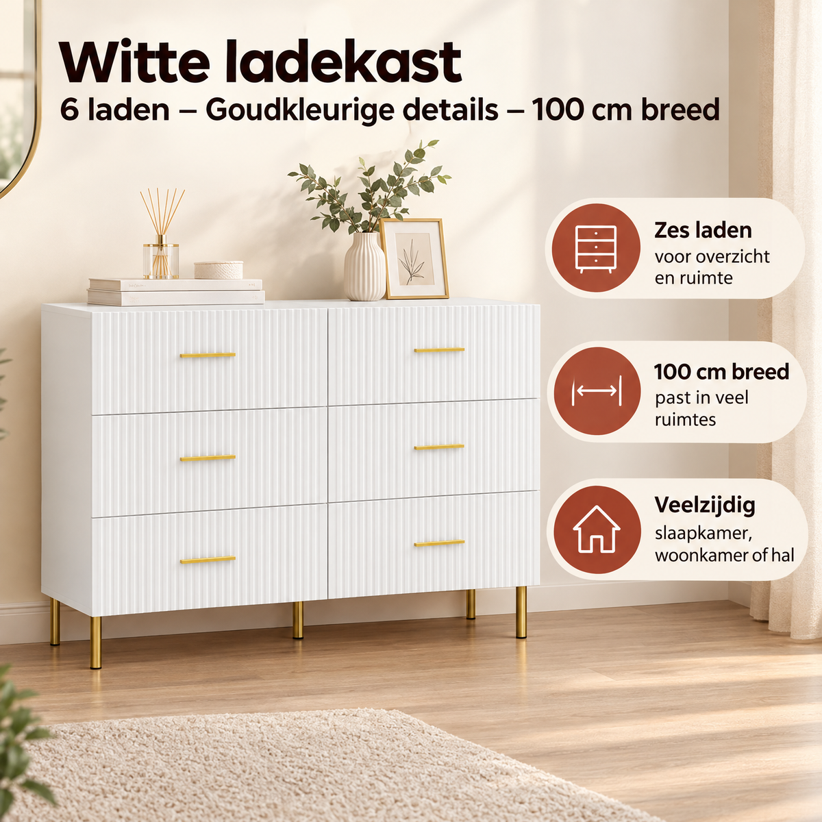 Witte BukkitBow ladekast met 6 laden en goudkleurige details, 100 cm breed, praktische opbergoplossing voor elke kamer.
