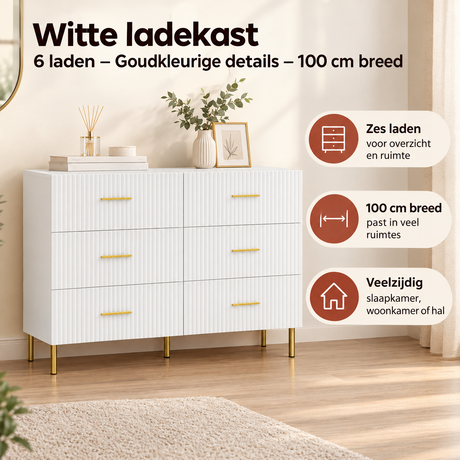 Witte BukkitBow ladekast met 6 laden en goudkleurige details, 100 cm breed, praktische opbergoplossing voor elke kamer.