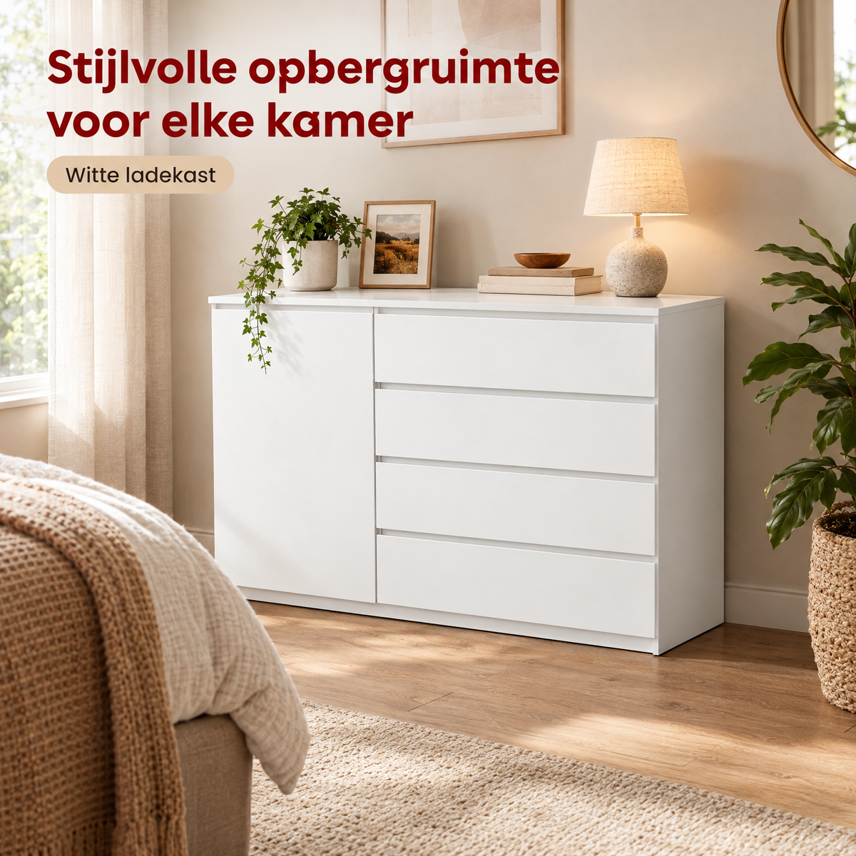 Witte BukkitBow ladekast met 5 laden, 1 deur en verstelbare plank, 100 cm breed, in een moderne woonkamer setting