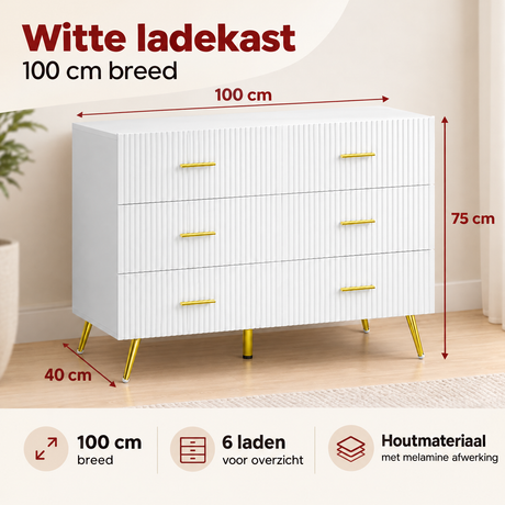 Witte BukkitBow ladekast met 6 laden en goudkleurige details, breedte 100 cm, zichtbaar in de afbeelding