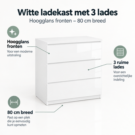 Witte ladekast met 3 lades en hoogglans fronten, 80 cm breed, van BukkitBow, stijlvolle opbergruimte voor in de woonkamer