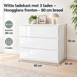 Witte BukkitBow ladekast met 3 lades en hoogglans fronten, breedte 80 cm, modern meubel voor opbergruimte.