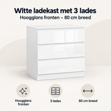 Witte BukkitBow ladekast met 3 lades en hoogglans fronten, 80 cm breed, overzicht van kernvoordelen in de afbeelding
