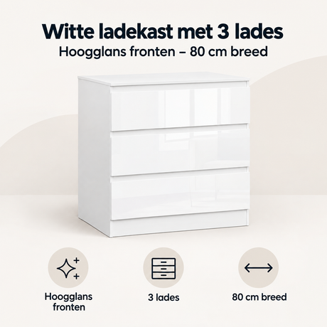 Witte BukkitBow ladekast met 3 lades en hoogglans fronten, 80 cm breed, overzicht van kernvoordelen in de afbeelding