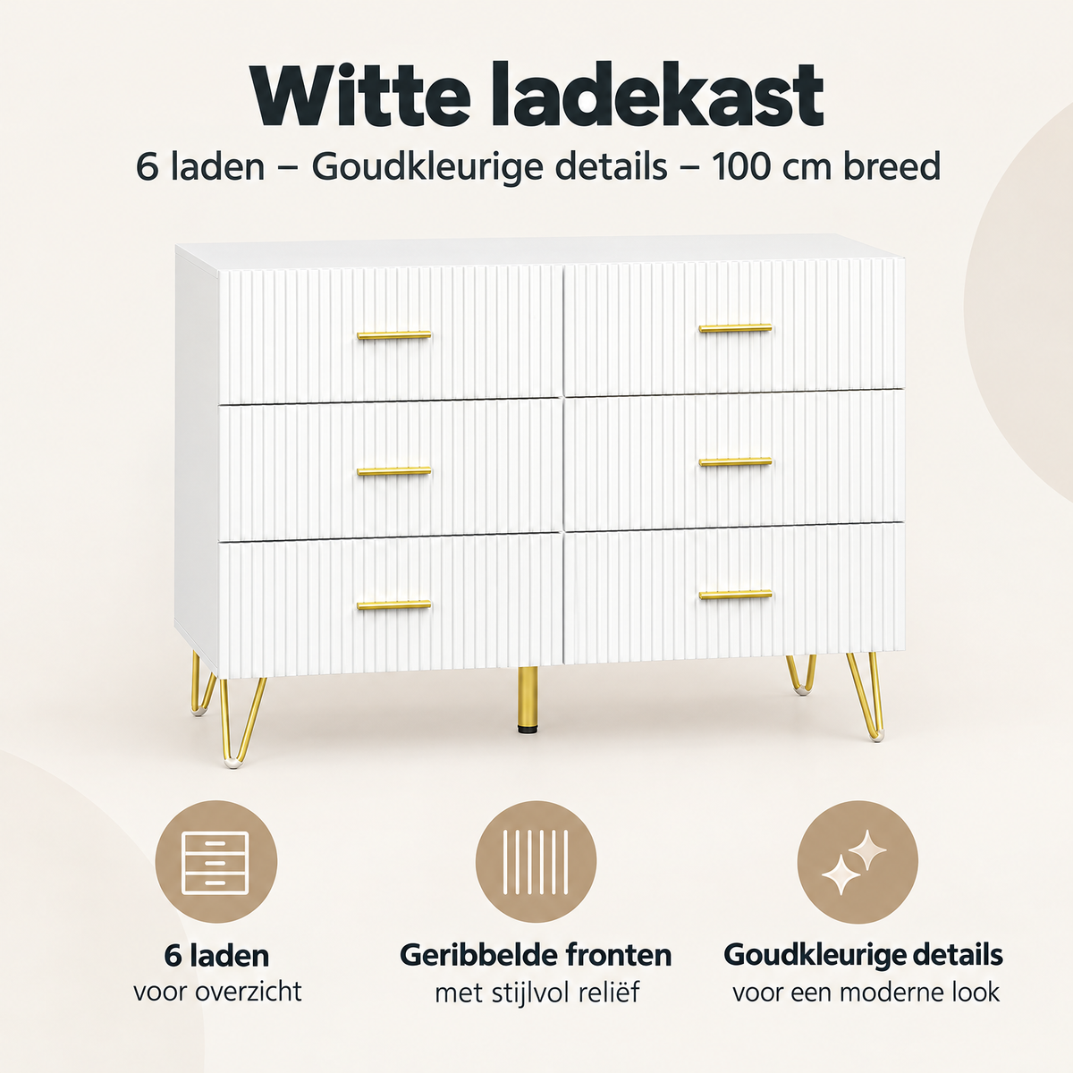 Witte BukkitBow ladekast met 6 laden en goudkleurige details, 100 cm breed, overzicht van kernvoordelen.