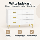 Witte BukkitBow ladekast met 6 laden en goudkleurige details, 100 cm breed, overzicht van kernvoordelen.