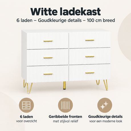 Witte BukkitBow ladekast met 6 laden en goudkleurige details, 100 cm breed, overzicht van kernvoordelen.