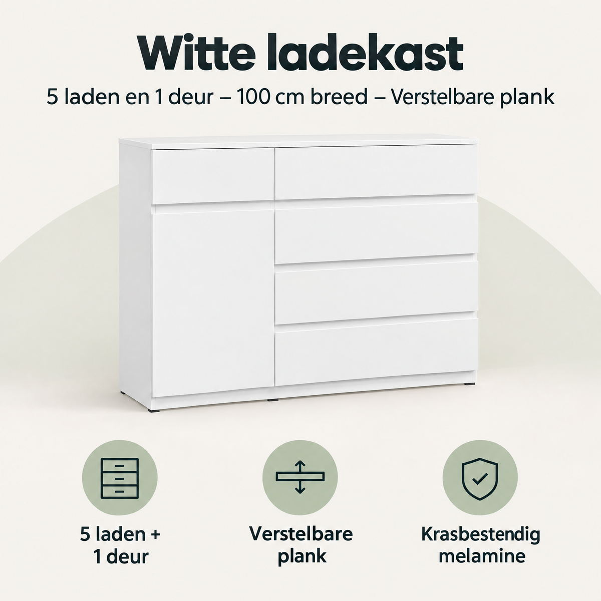 Witte ladekast van BukkitBow met 5 laden, 1 deur en verstelbare plank, breedte 100 cm, modern en functioneel meubel.