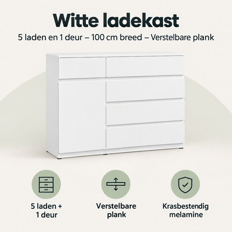 Witte ladekast van BukkitBow met 5 laden, 1 deur en verstelbare plank, breedte 100 cm, modern en functioneel meubel.