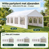 Afmetingen en productspecificaties van witte partytent met zijwanden