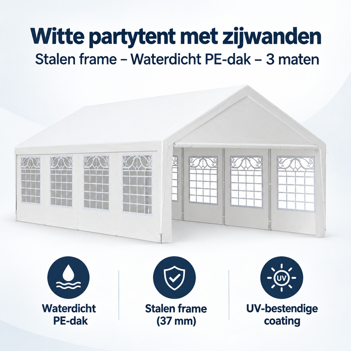 Overzicht van witte partytent met zijwanden met de belangrijkste productvoordelen