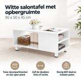 Witte salontafel met opbergruimte van BukkitBow, 90x50x45 cm, met open vakken voor opslag en decoratie in de woonkamer.