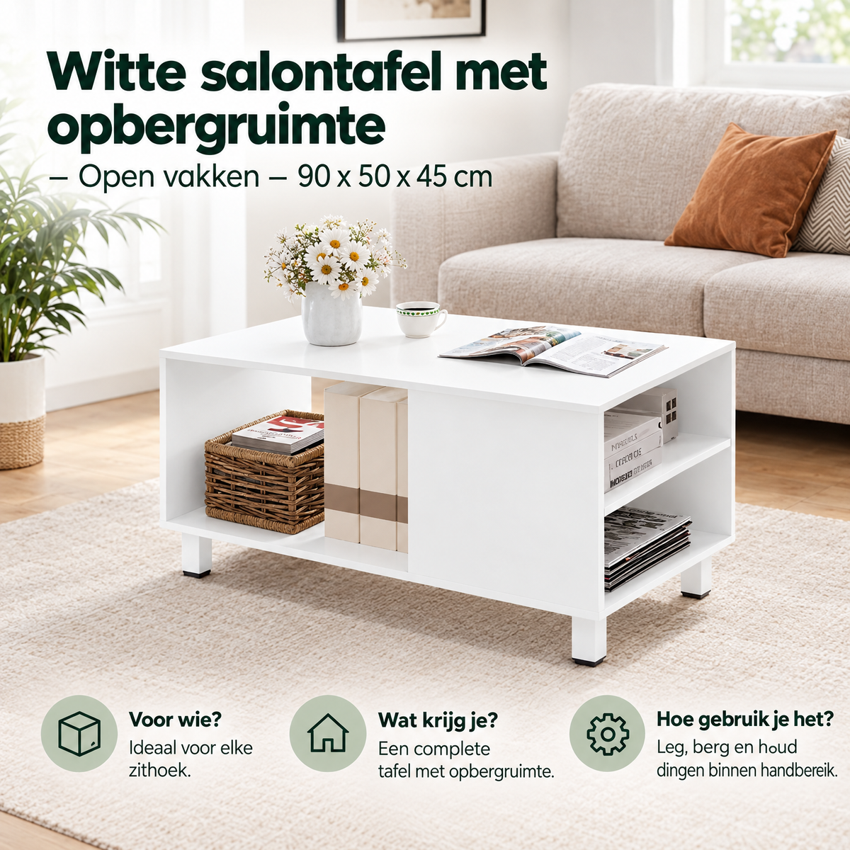 Witte salontafel met opbergruimte van BukkitBow, open vakken, 90x50x45 cm, modern en praktisch meubelstuk voor woonkamer