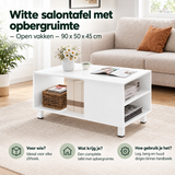 Witte salontafel met opbergruimte van BukkitBow, open vakken, 90x50x45 cm, modern en praktisch meubelstuk voor woonkamer