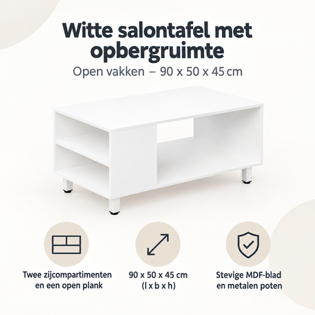 Witte salontafel van BukkitBow met opbergruimte en open vakken, afmetingen 90 x 50 x 45 cm, modern en functioneel design