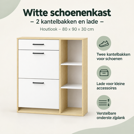 Overzicht van witte schoenenkast met de belangrijkste productvoordelen