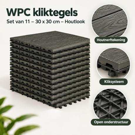 Detail van materiaal en afwerking van WPC kliktegels