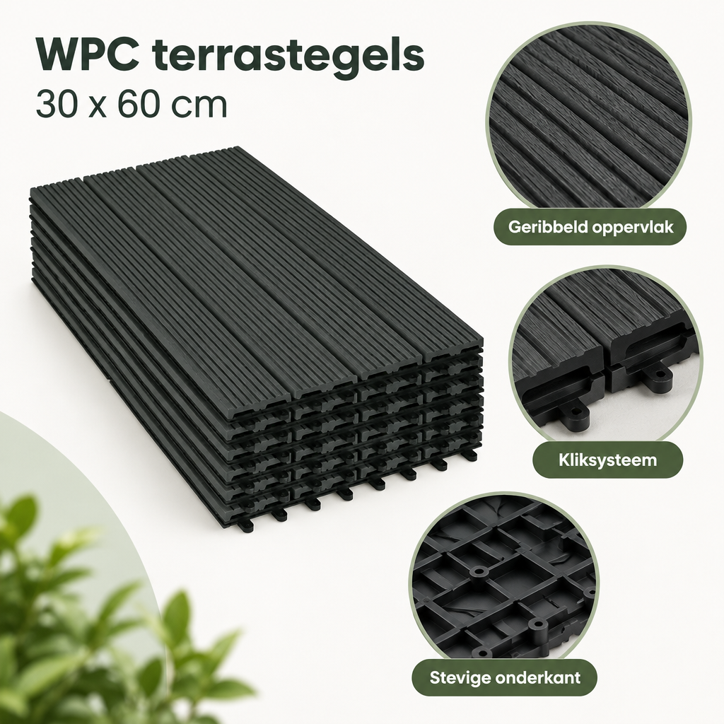 Detail van materiaal en afwerking van WPC terrastegels