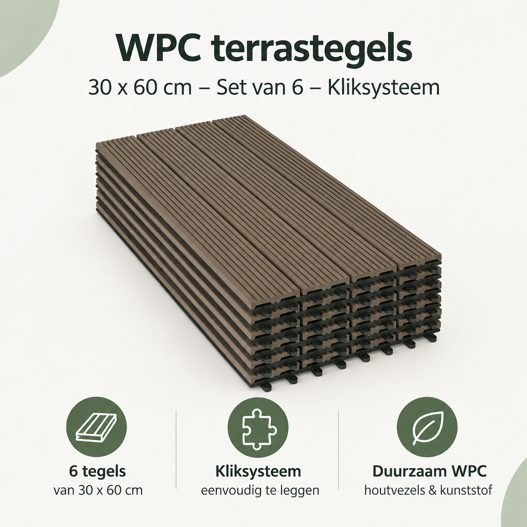 Overzicht van WPC terrastegels met de belangrijkste productvoordelen