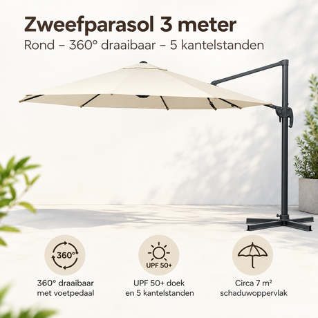 Ronde BukkitBow zweefparasol van 3 meter met 360° draaibare beweging en 5 kantelstanden in de afbeelding.