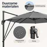 Detail van materiaal en afwerking van zweefparasol 3 meter