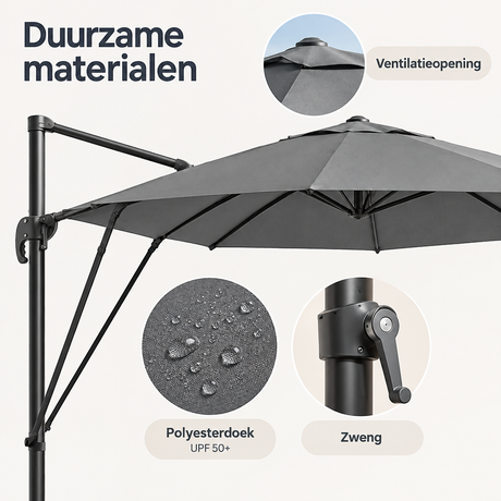 Detail van materiaal en afwerking van zweefparasol 3 meter