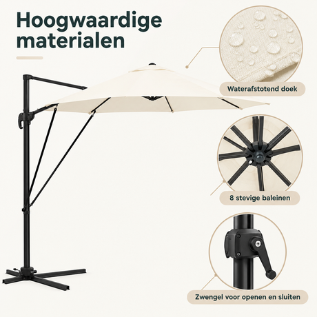 Ronde BukkitBow zweefparasol van 3 meter met draaibare en kantelbare functies, zichtbaar met detail van het materiaal.