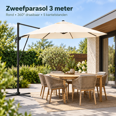 Ronde BukkitBow zweefparasol van 3 meter, draaibaar 360° en met 5 kantelstanden, geschikt voor buitengebruik.