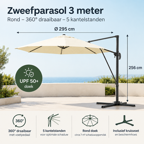 Ronde BukkitBow zweefparasol van 3 meter met 360° draaibare basis en 5 kantelstanden, ideaal voor buitengebruik.