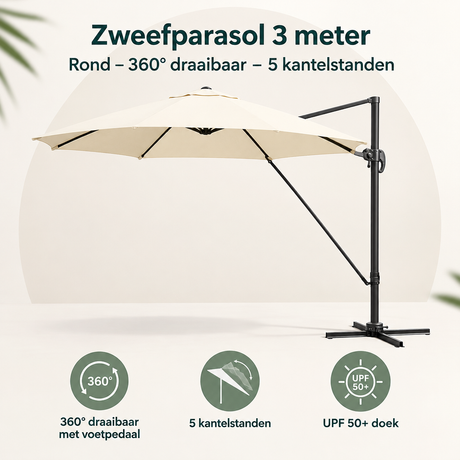 Ronde BukkitBow zweefparasol van 3 meter met 360° draaibare en 5 kantelstanden, overzicht van kernvoordelen