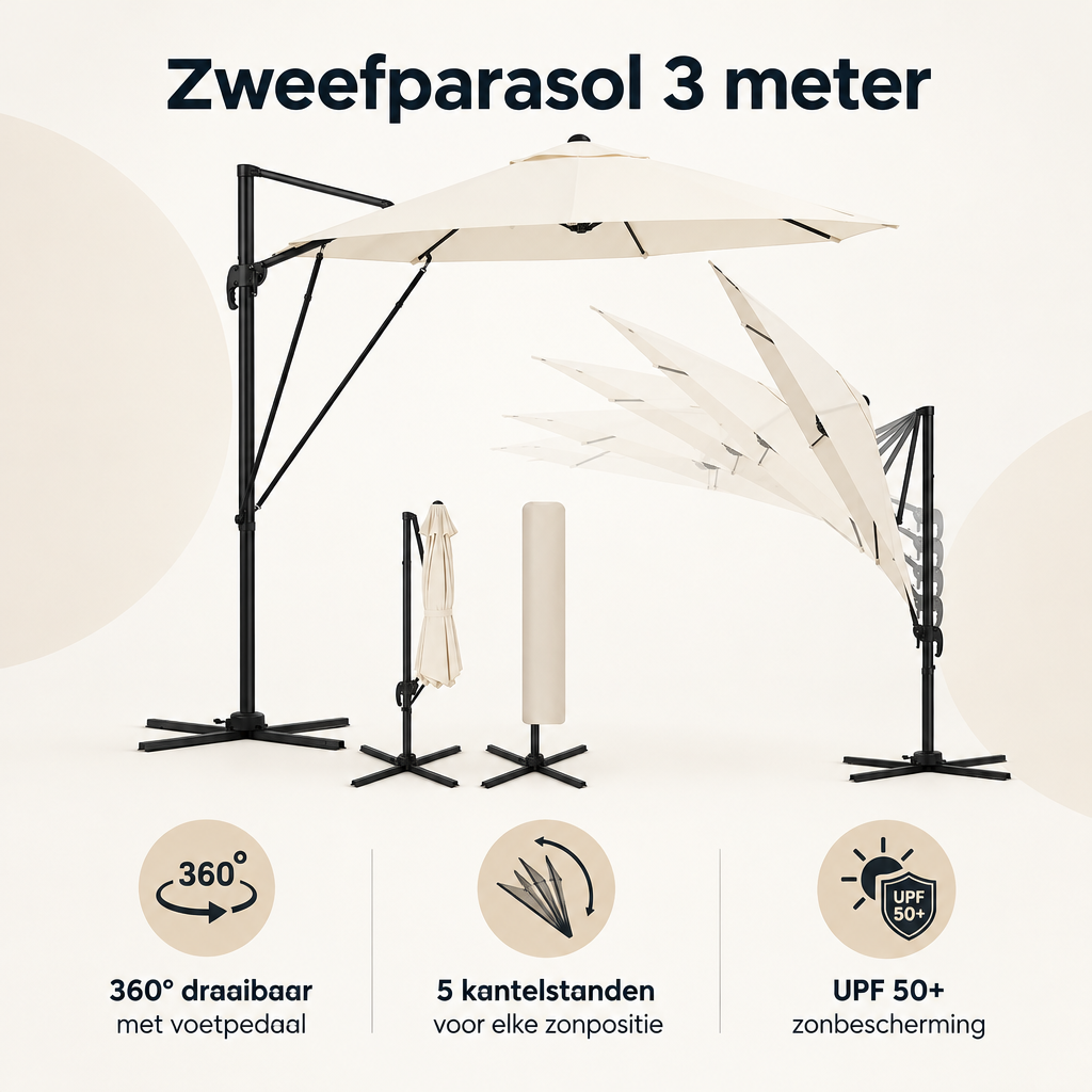 Overzicht van zweefparasol 3 meter met de belangrijkste productvoordelen