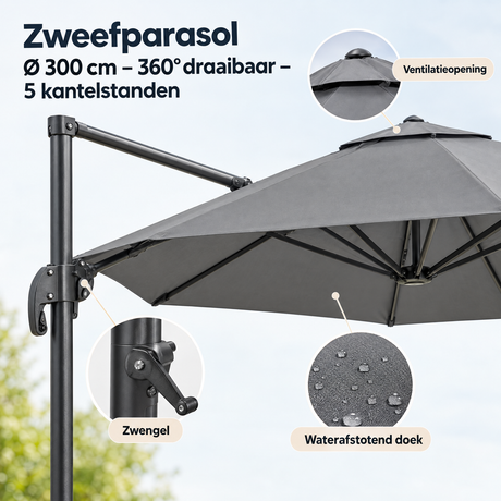 Zweefparasol van BukkitBow, Ø 300 cm, 360° draaibaar en met 5 kantelstanden, met close-up van het materiaal.