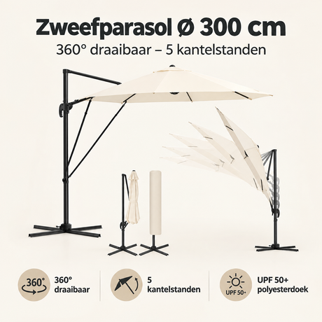 BukkitBow zweefparasol Ø 300 cm met 360° draaibare en 5 kantelstanden, overzicht met kernvoordelen