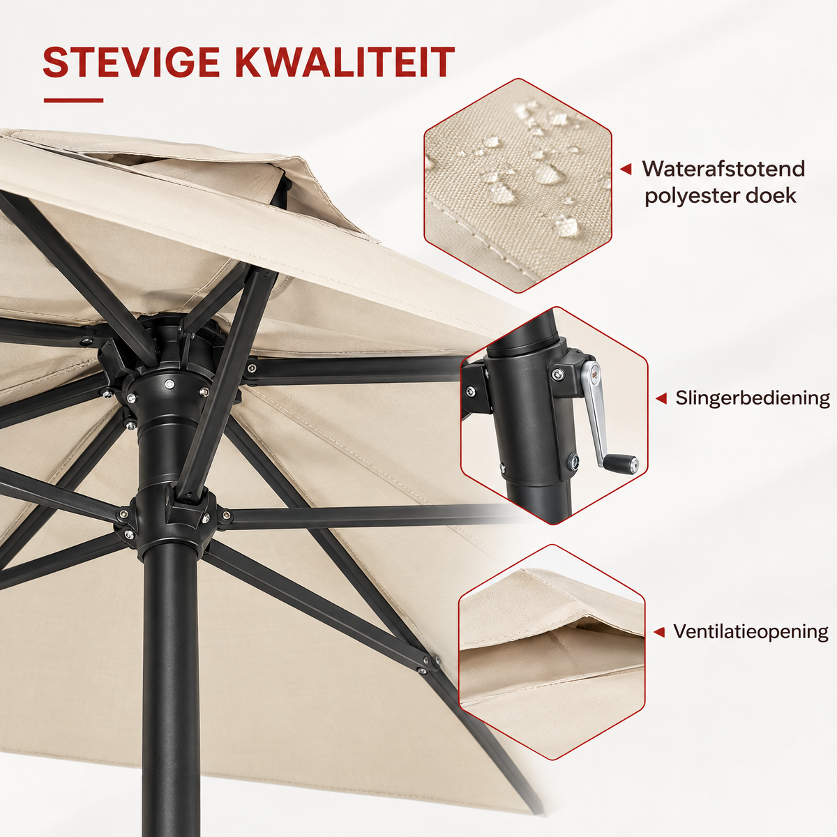 Zweefparasol van BukkitBow, 310 cm, kantelbaar met slinger, inclusief beschermhoes en kruisvoet, detail van het materiaal