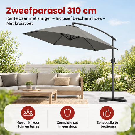 Zweefparasol BukkitBow, 310 cm, kantelbaar met slinger, kruisvoet en beschermhoes, geschikt voor buitengebruik.