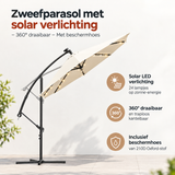 BukkitBow zweefparasol met solar verlichting, 360° draaibaar en inclusief beschermhoes, ideaal voor schaduw en sfeer.