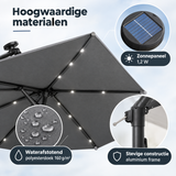 BukkitBow zweefparasol met solar verlichting en beschermhoes, 360° draaibaar, zichtbaar in close-up met details van materiaal
