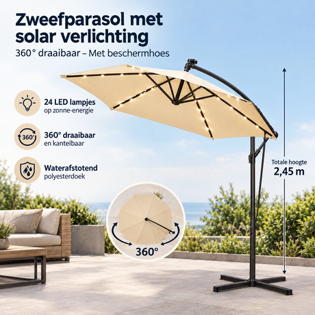 Zweefparasol van BukkitBow met solar verlichting, 360° draaibaar en inclusief beschermhoes, geschikt voor tuin of terras.